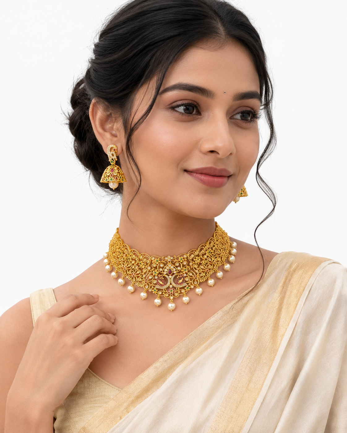 Premium Gold Plated Peacock Designer Choker Necklace Set with Jhumka Earrings