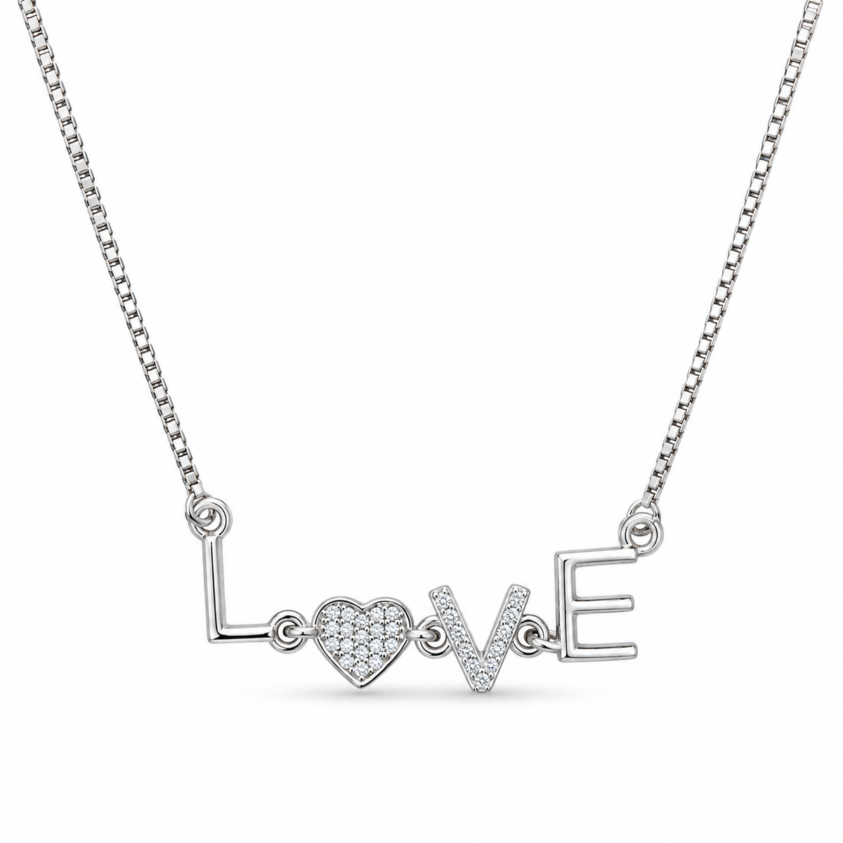 925 Sterling Silver LOVE Chain with Crystal Heart Pendant
