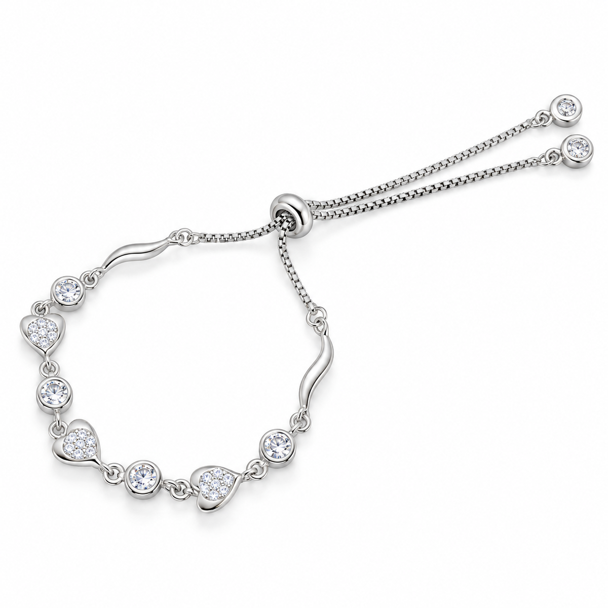 925 Sterling Silver Adjustable Heart & Crystal Bracelet for Women