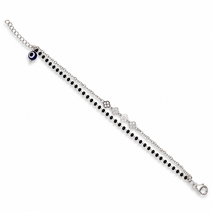 925 Sterling Silver Mangalsutra Cum Bracelet with Black Beads & Evil Eye