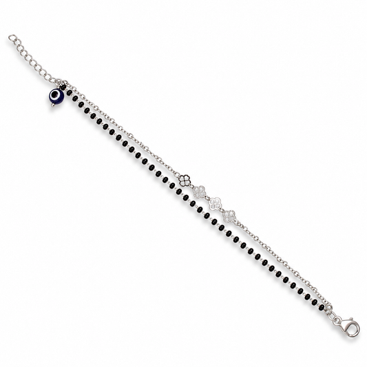 925 Sterling Silver Mangalsutra Cum Bracelet with Black Beads & Evil Eye