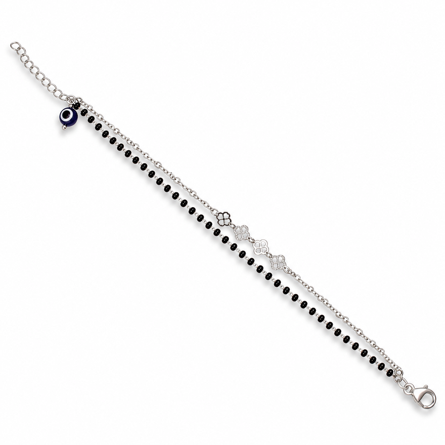925 Sterling Silver Mangalsutra Cum Bracelet with Black Beads & Evil Eye