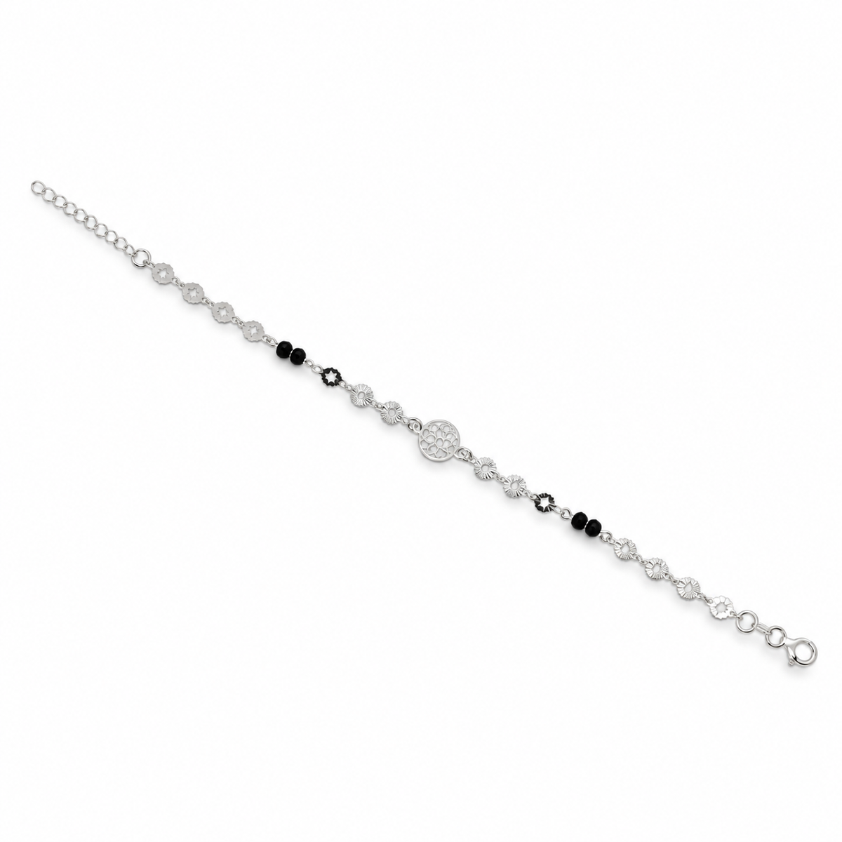 925 Sterling Silver Mangalsutra Cum Bracelet for Women – Black Bead Floral Design