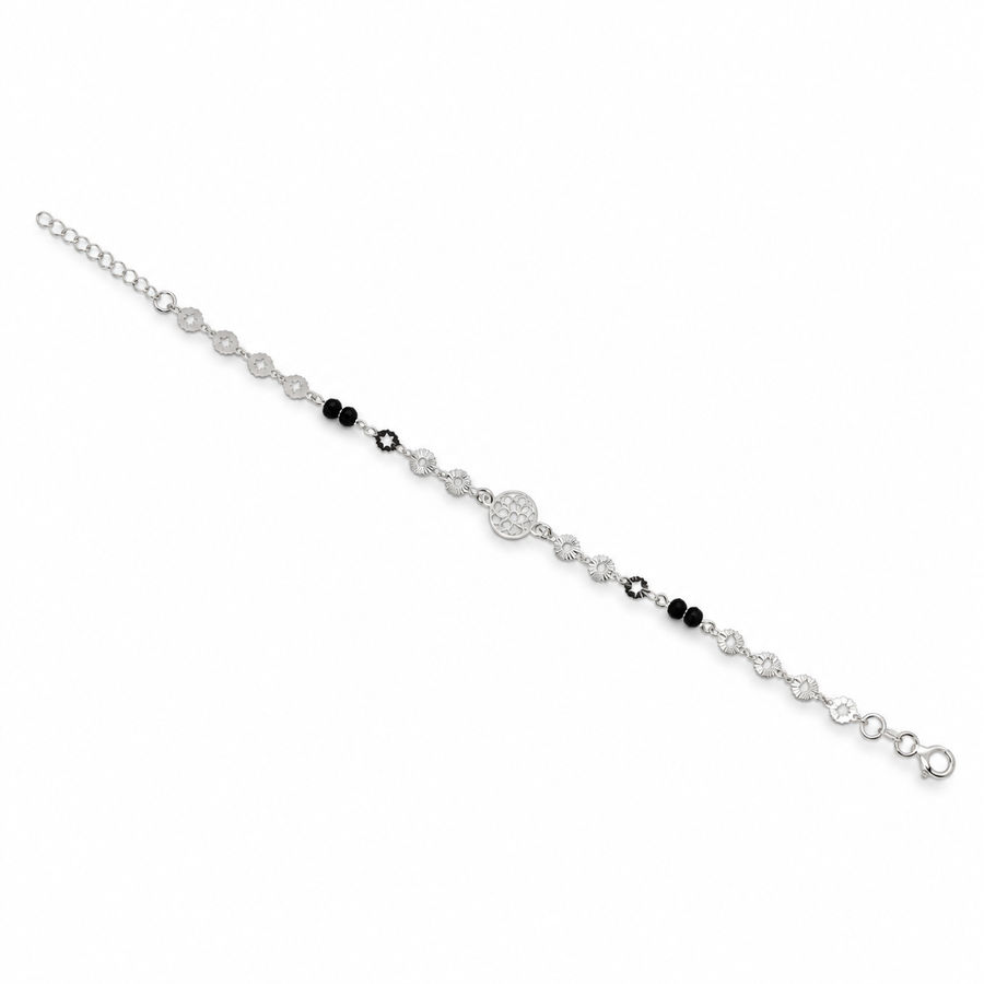 925 Sterling Silver Mangalsutra Cum Bracelet for Women – Black Bead Floral Design
