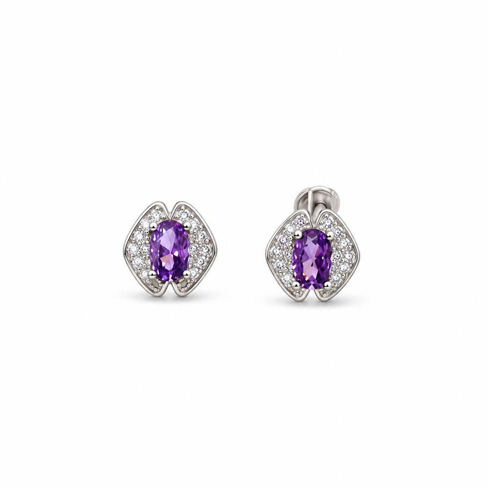 925 Sterling Silver Purple Gemstone Halo Stud Earrings for Women