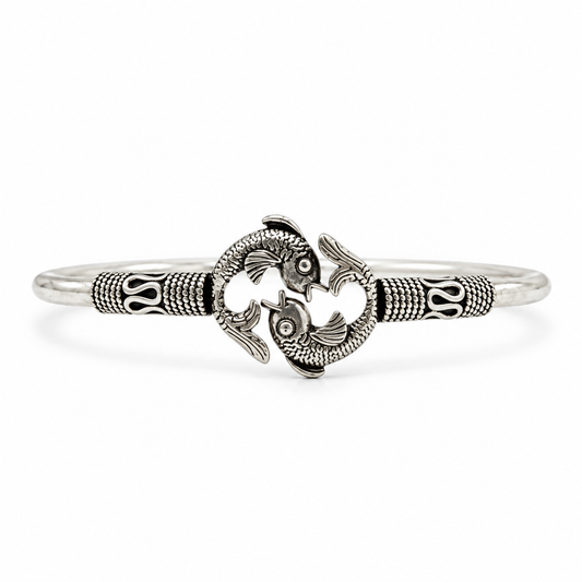 925 Sterling Silver Hollow Women’s Bracelet – Antique Silver Koi Fish Bangle