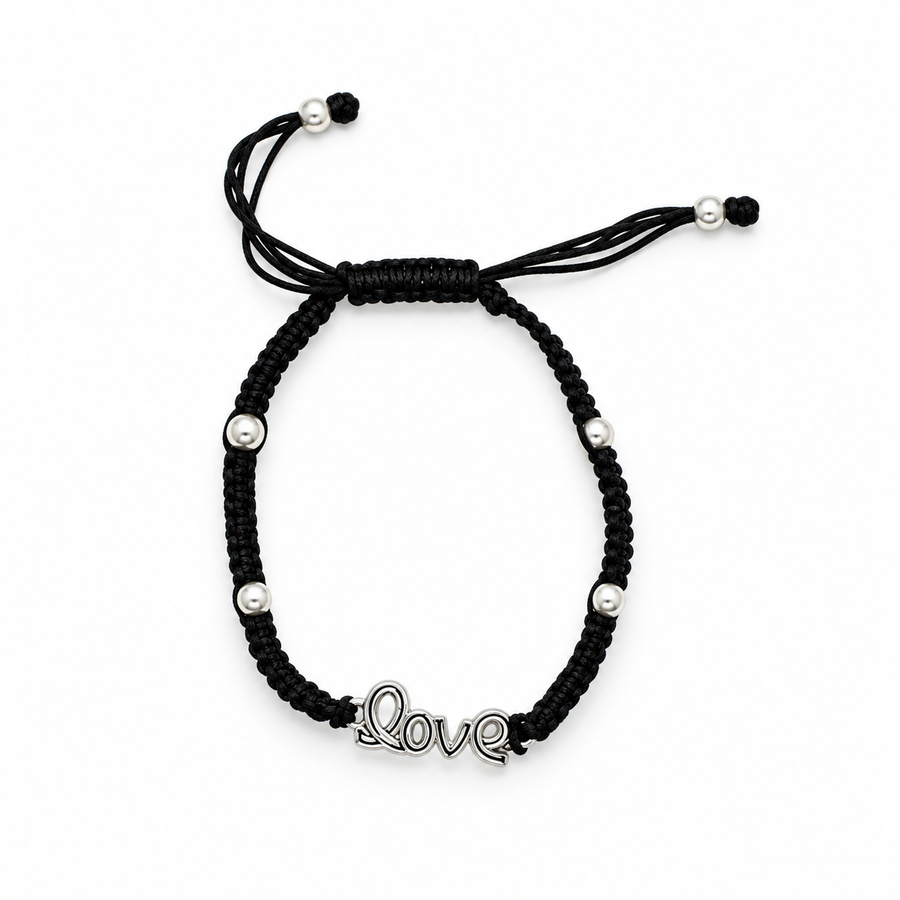 925 Sterling Silver Adjustable Thread Anklet with Love Charm – Black