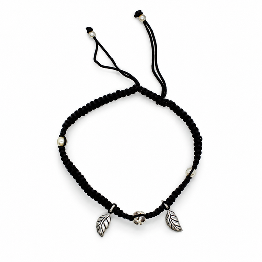 925 Sterling Silver Adjustable Black Thread Anklet with Leaf Charms for Women