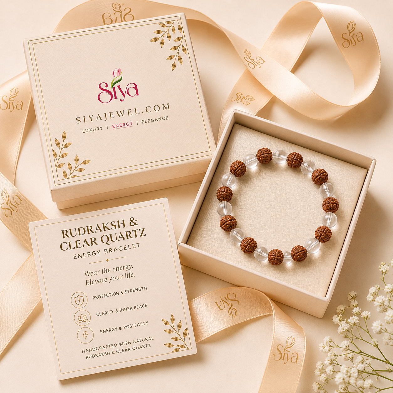 Rudraksh & Clear Quartz Energy Bracelet – Spiritual Protection & Clarity Crystal Bracelet