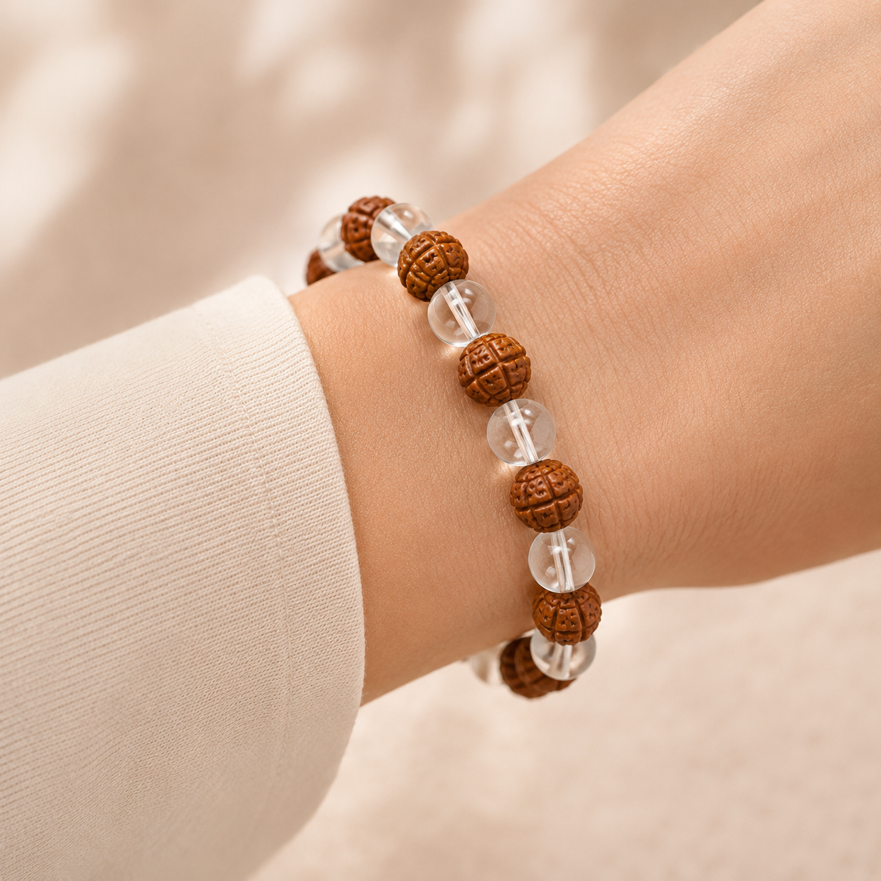 Rudraksh & Clear Quartz Energy Bracelet – Spiritual Protection & Clarity Crystal Bracelet