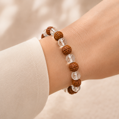 Rudraksh & Clear Quartz Energy Bracelet – Spiritual Protection & Clarity Crystal Bracelet