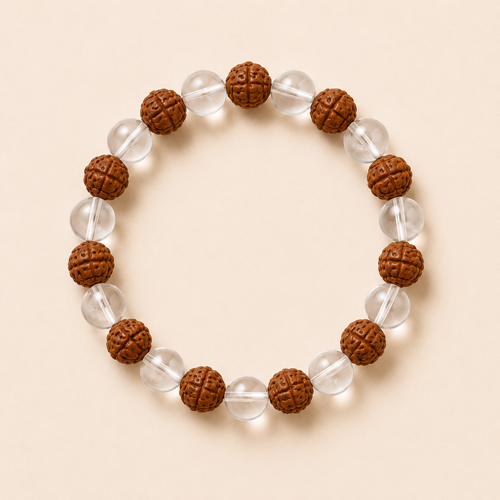 Rudraksh & Clear Quartz Energy Bracelet – Spiritual Protection & Clarity Crystal Bracelet