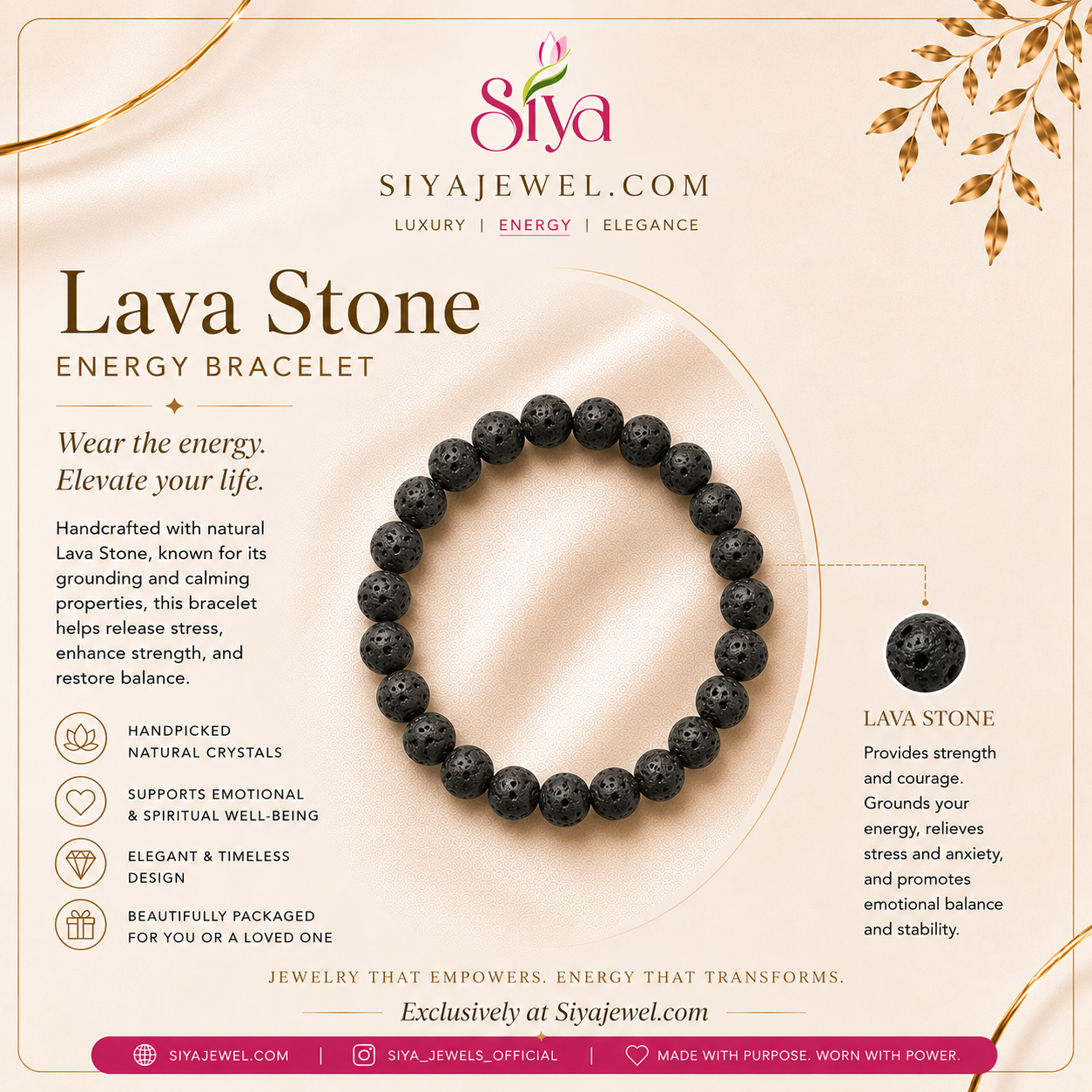 Natural Lava Stone Energy Bracelet for Men & Women | Grounding, Strength & Stress Relief | Siyajewel