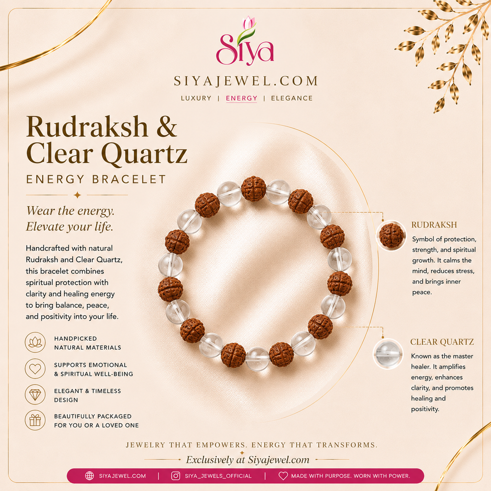 Rudraksh & Clear Quartz Energy Bracelet – Spiritual Protection & Clarity Crystal Bracelet