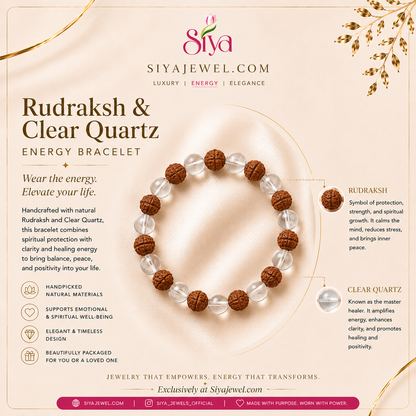 Rudraksh & Clear Quartz Energy Bracelet – Spiritual Protection & Clarity Crystal Bracelet