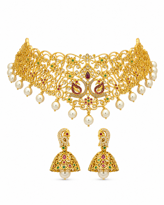 Premium Gold Plated Peacock Designer Choker Necklace Set with Jhumka Earrings