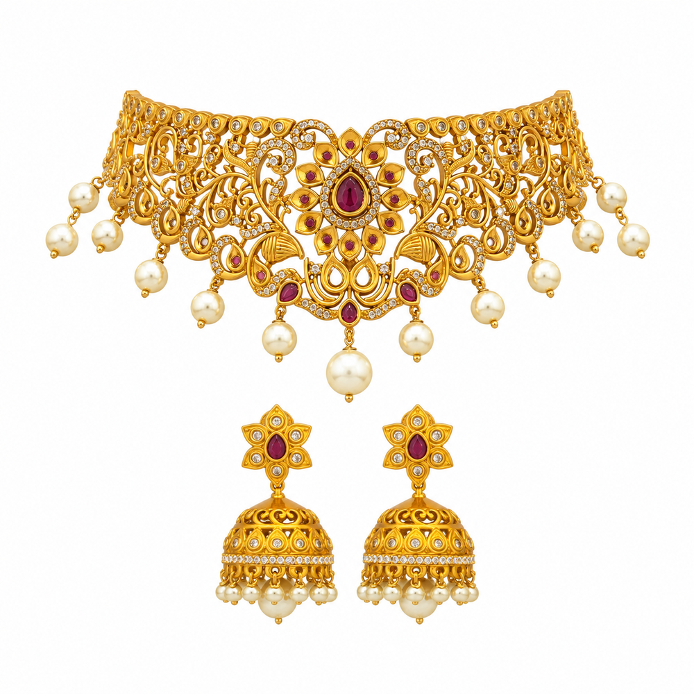 Traditional Gold-Plated Kundan Choker Necklace Set with Pearl Jhumka Earrings for Women