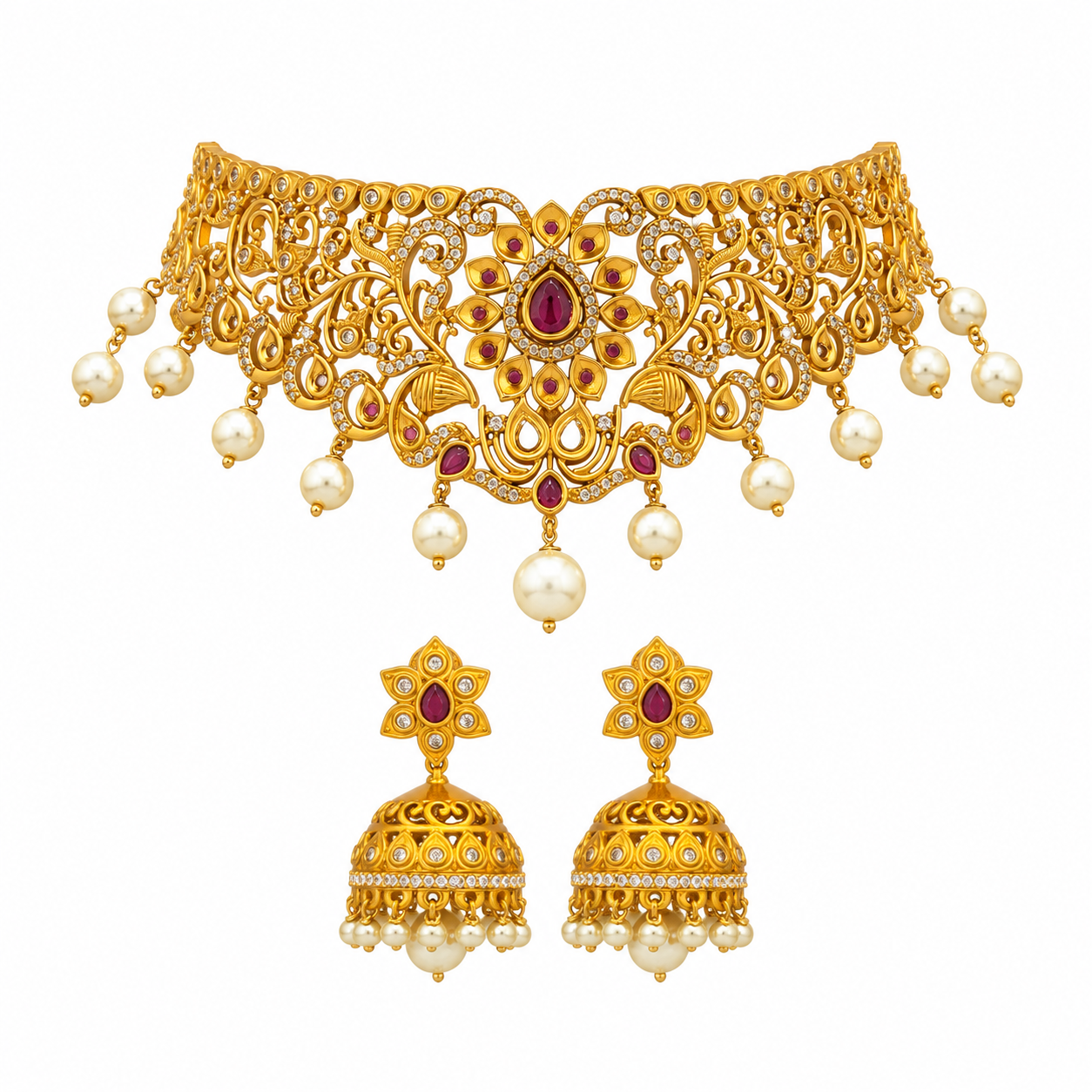 Traditional Gold-Plated Kundan Choker Necklace Set with Pearl Jhumka Earrings for Women