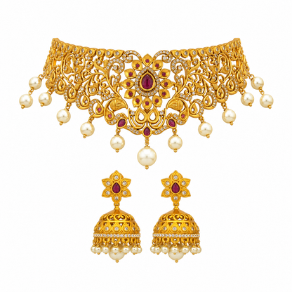 Traditional Gold-Plated Kundan Choker Necklace Set with Pearl Jhumka Earrings for Women
