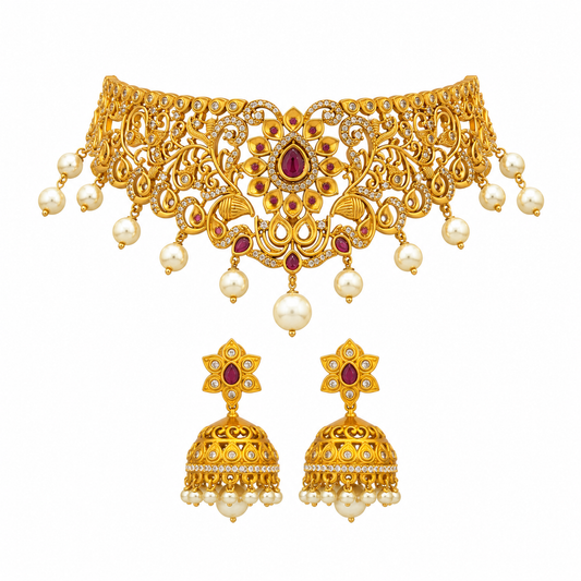 Traditional Gold-Plated Kundan Choker Necklace Set with Pearl Jhumka Earrings for Women