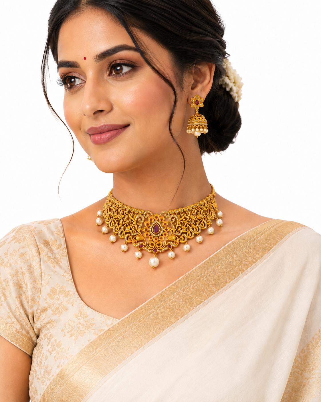 Traditional Gold-Plated Kundan Choker Necklace Set with Pearl Jhumka Earrings for Women