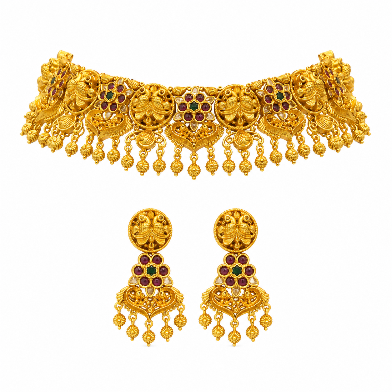 Traditional Antique Gold Plated Peacock Choker Necklace Set with Earrings | Bridal Temple Jewellery