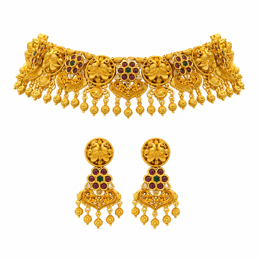 Traditional Antique Gold Plated Peacock Choker Necklace Set with Earrings | Bridal Temple Jewellery