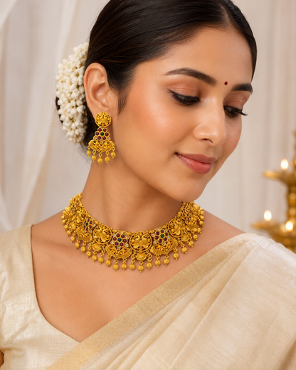 Traditional Antique Gold Plated Peacock Choker Necklace Set with Earrings | Bridal Temple Jewellery