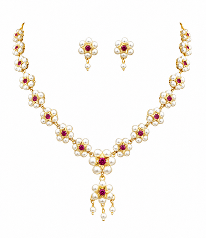 Elegant Floral Pearl Necklace Set with Ruby Red Stones | Gold Plated Traditional Jewellery Set for Women