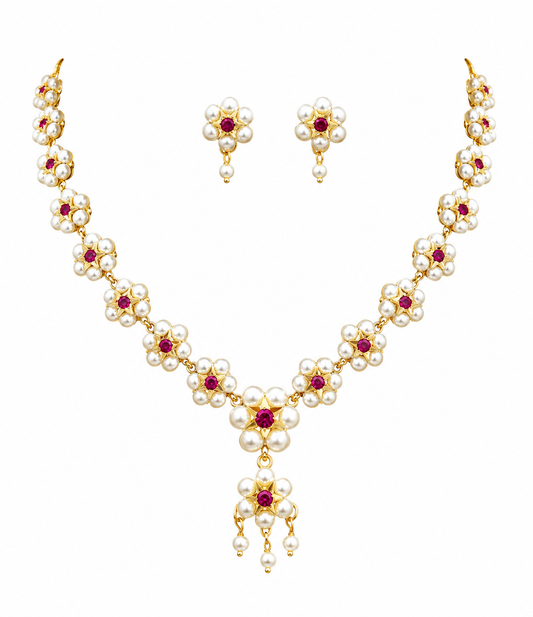 Elegant Floral Pearl Necklace Set with Ruby Red Stones | Gold Plated Traditional Jewellery Set for Women