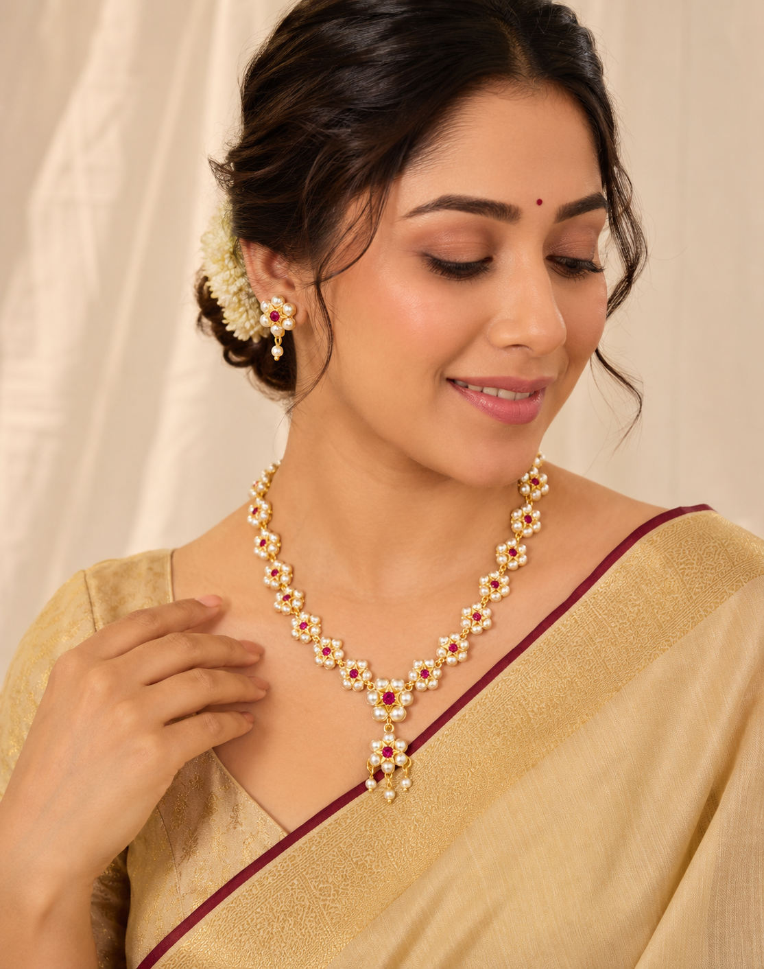 Elegant Floral Pearl Necklace Set with Ruby Red Stones | Gold Plated Traditional Jewellery Set for Women