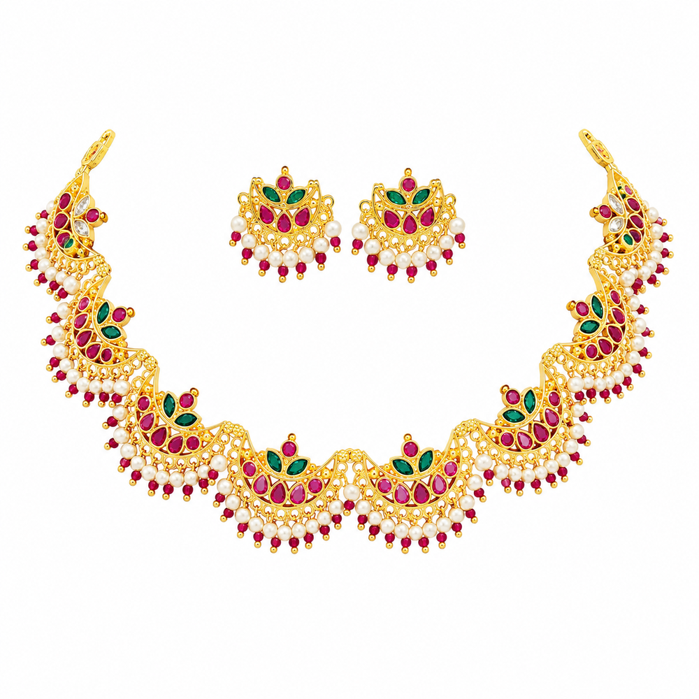Elegant Floral Pearl Necklace Set with Ruby Red Stones | Gold Plated Traditional Jewellery Set for Women