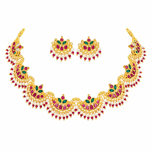 Elegant Floral Pearl Necklace Set with Ruby Red Stones | Gold Plated Traditional Jewellery Set for Women