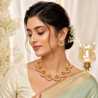 Elegant Floral Pearl Necklace Set with Ruby Red Stones | Gold Plated Traditional Jewellery Set for Women