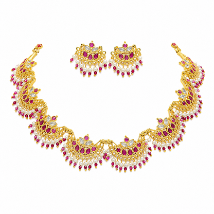 Elegant Floral Pearl Necklace Set with Ruby Red Stones | Gold Plated Traditional Jewellery Set for Women