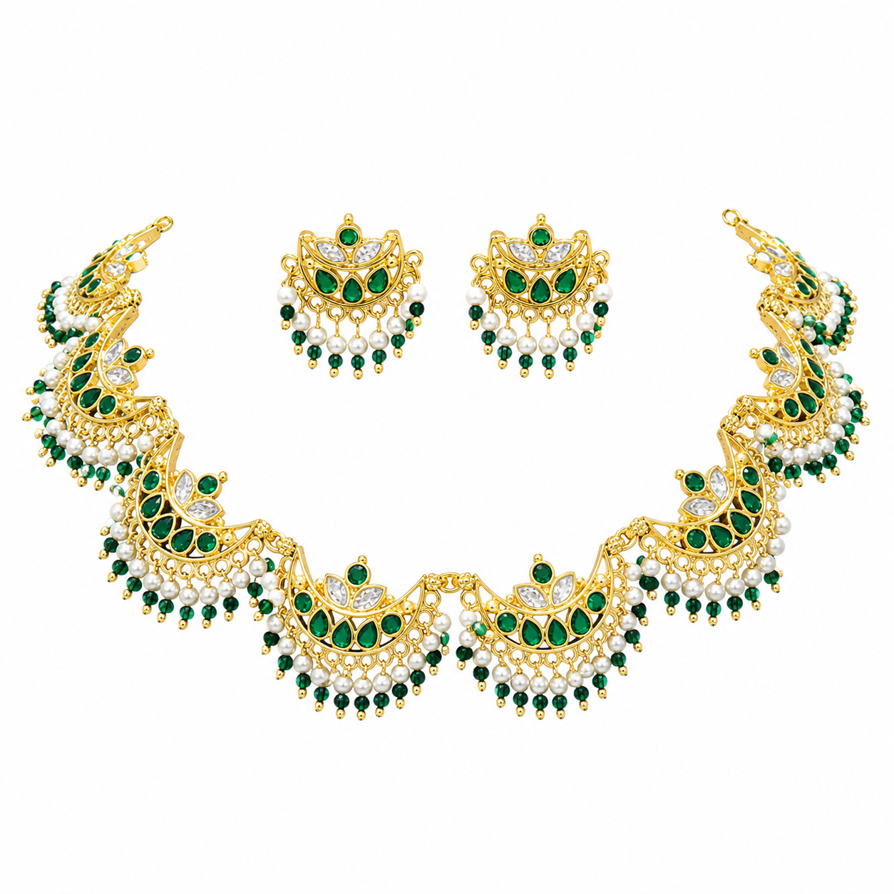 Elegant Floral Pearl Necklace Set with Ruby Red Stones | Gold Plated Traditional Jewellery Set for Women