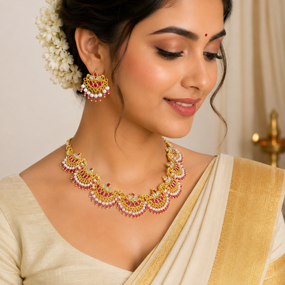 Elegant Floral Pearl Necklace Set with Ruby Red Stones | Gold Plated Traditional Jewellery Set for Women
