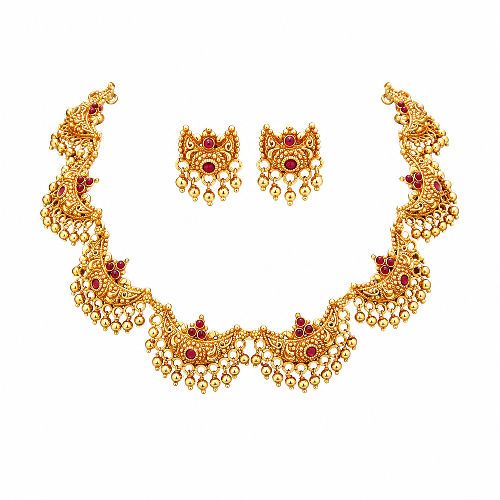 Traditional Gold Plated Temple Necklace Set with Ruby Red Stones | Bridal Ethnic Jewellery Set for Women