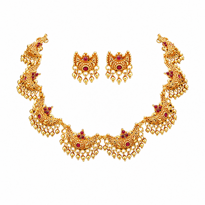 Traditional Gold Plated Temple Necklace Set with Ruby Red Stones | Bridal Ethnic Jewellery Set for Women