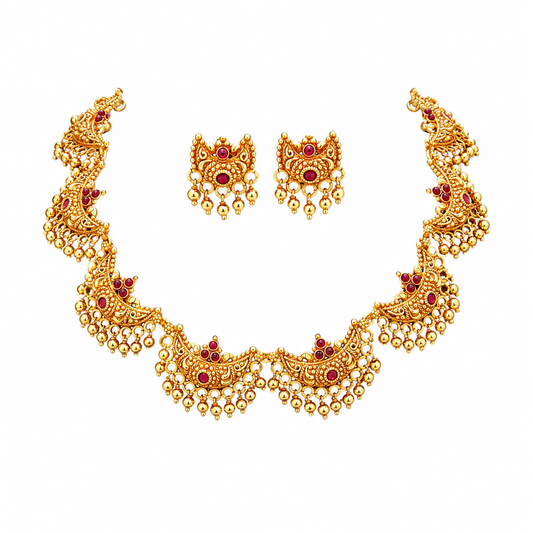 Traditional Gold Plated Temple Necklace Set with Ruby Red Stones | Bridal Ethnic Jewellery Set for Women