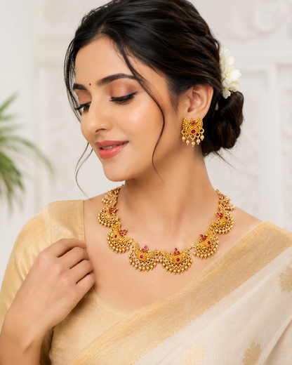 Traditional Gold Plated Temple Necklace Set with Ruby Red Stones | Bridal Ethnic Jewellery Set for Women