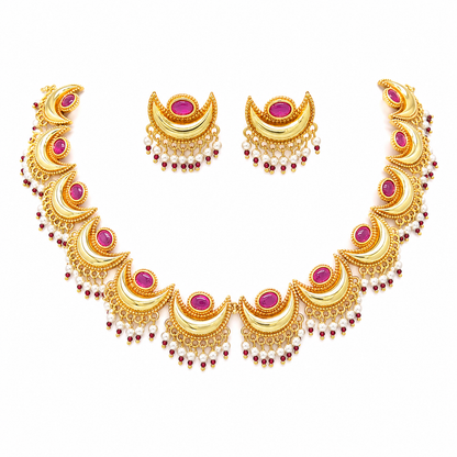 Traditional Gold Plated Chandrakor Necklace Set with Ruby Stones & Pearl Drops | Bridal Ethnic Jewellery