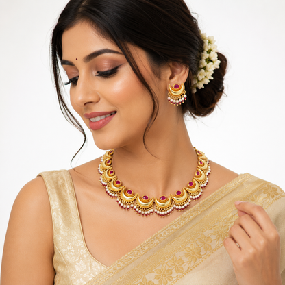 Traditional Gold Plated Chandrakor Necklace Set with Ruby Stones & Pearl Drops | Bridal Ethnic Jewellery