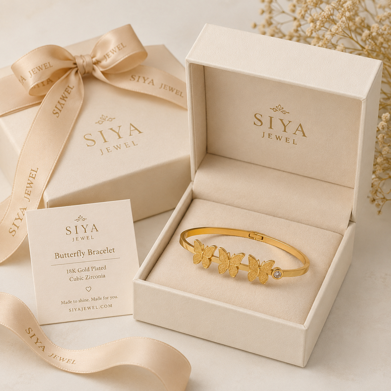 18K Gold Plated Triple Butterfly Open Cuff Bracelet for Women | Anti-Tarnish Adjustable Bangle
