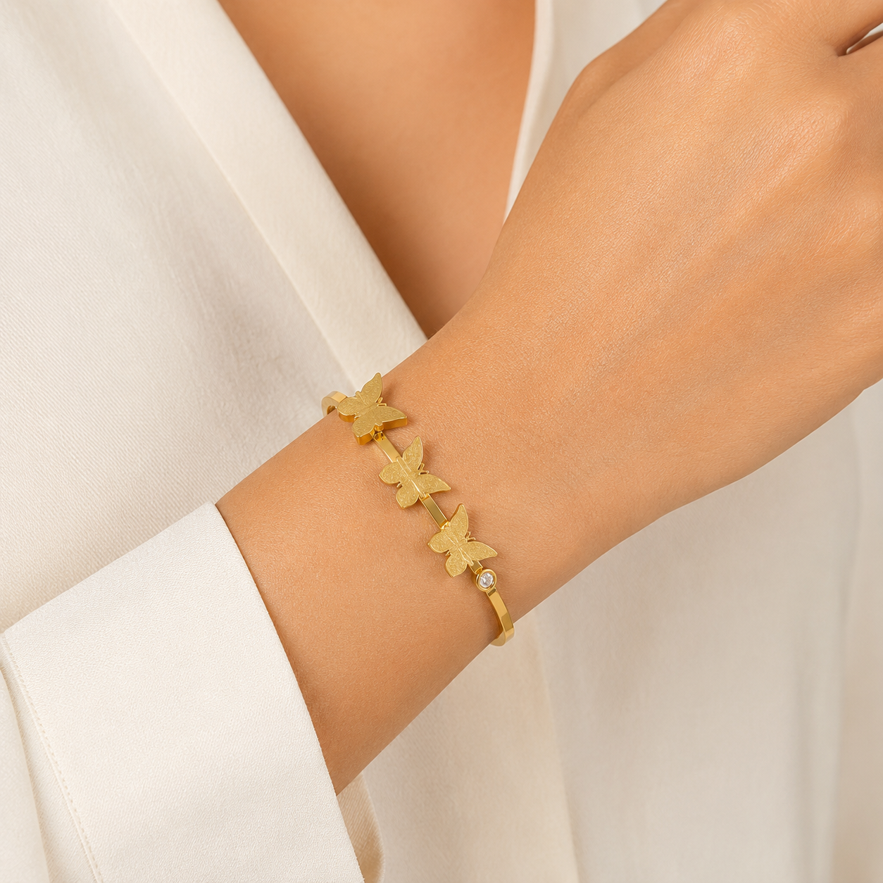 18K Gold Plated Triple Butterfly Open Cuff Bracelet for Women | Anti-Tarnish Adjustable Bangle