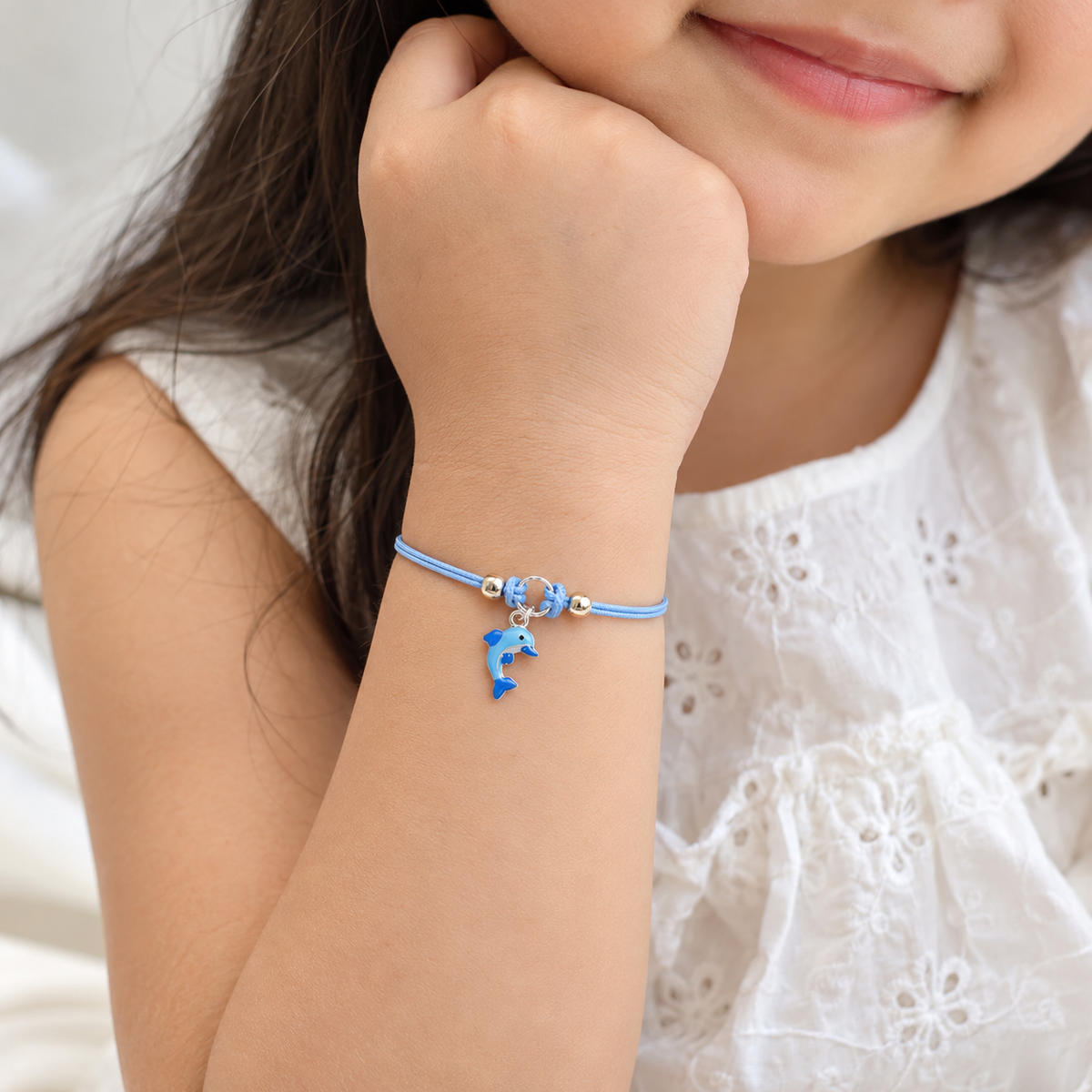 925 Sterling Silver Blue Dolphin Charm Bracelet for Kids | Adjustable Blue Cord Bracelet