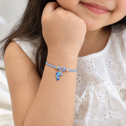 925 Sterling Silver Blue Dolphin Charm Bracelet for Kids | Adjustable Blue Cord Bracelet