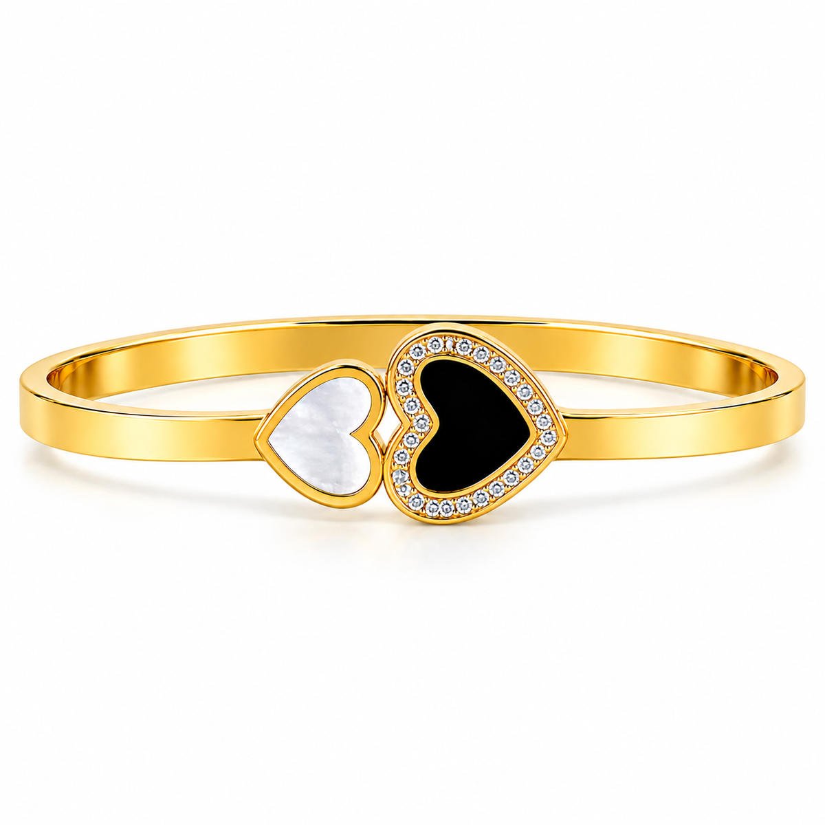 Double Heart Gold-Tone Bracelet for Women | Black & Crystal Heart Bangle