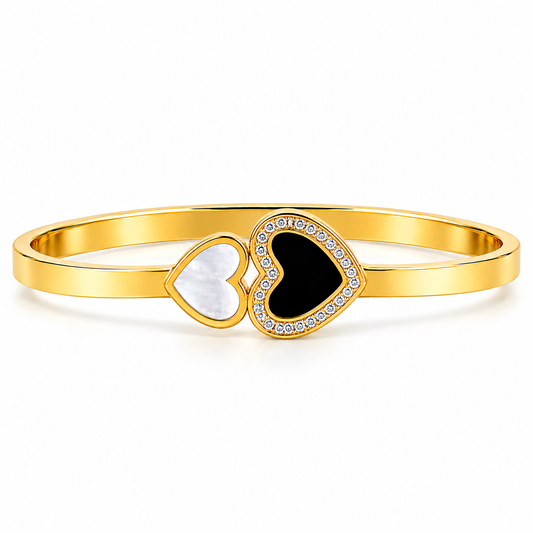 Double Heart Gold-Tone Bracelet for Women | Black & Crystal Heart Bangle