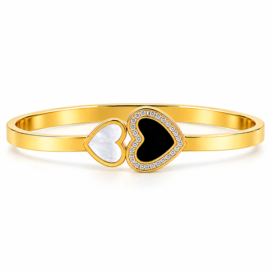 Double Heart Gold-Tone Bracelet for Women | Black & Crystal Heart Bangle